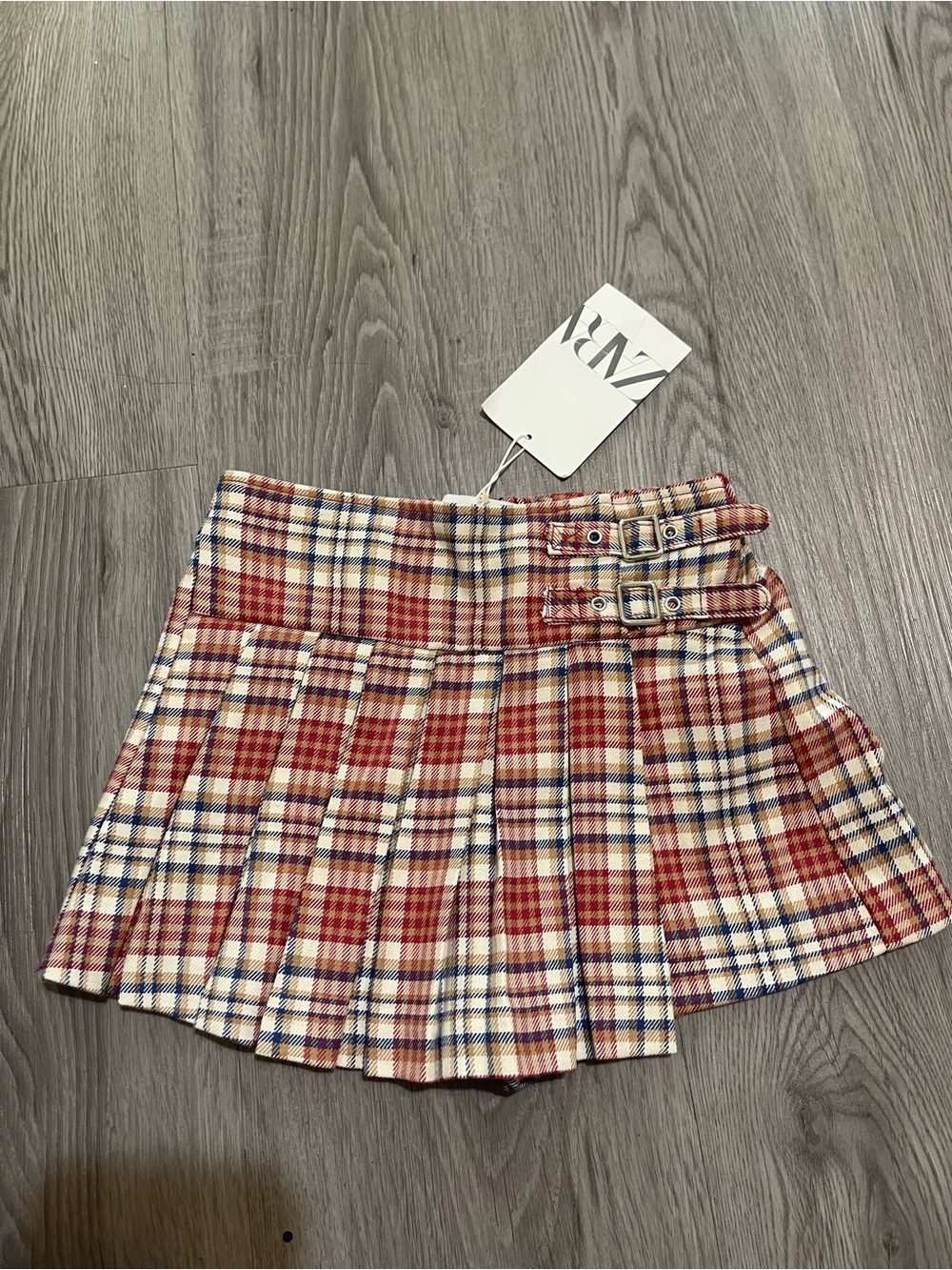 Nwt Zara Red Plaid Pleated Mini Skirt with Buckle Detail